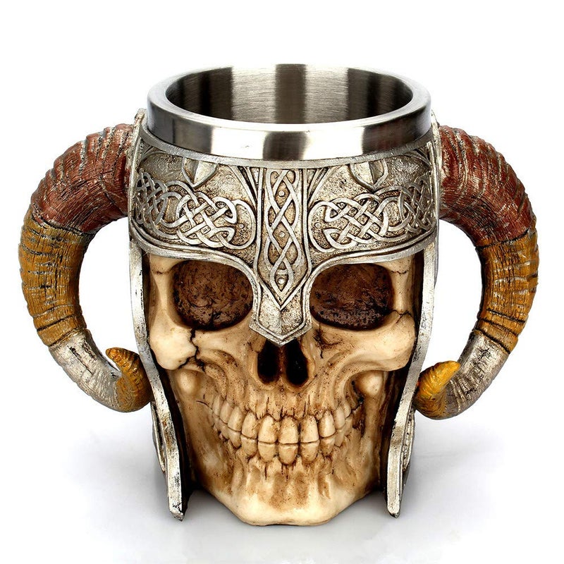 GuoShuang Stainless Steel Skull Mug Viking Drinking Cup Skeleton Resin Beer Stein Tankard Coffee Mug Tea Cup Halloween Bar Drinkware Gift - Image 1